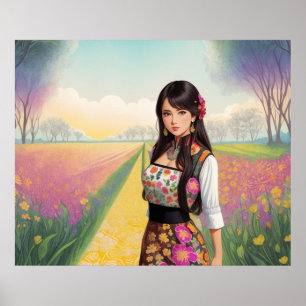 Mooie Meisje in Bloementuin Poster