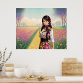 Mooie Meisje in Bloementuin Poster (Keuken)
