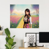 Mooie Meisje in Bloementuin Poster (Thuiskantoor)