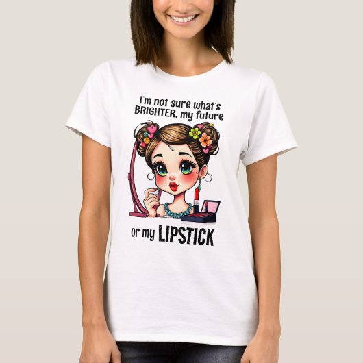 Mooie meisje lippenstift make-up kleurrijke bloem t-shirt (Voorkant)