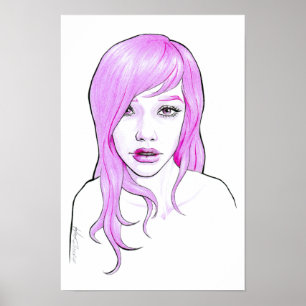 Mooie meisjes Cartoon portret Roze haar Schattig g Poster