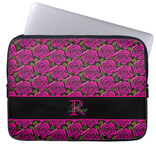 Mooie Meisjesachtige Heet Roze Rozen Naam Monogram Laptop Sleeve