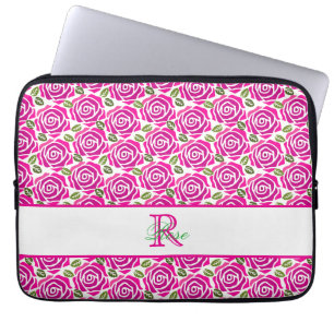 Mooie Meisjesachtige Heet Roze Rozen Naam Monogram Laptop Sleeve