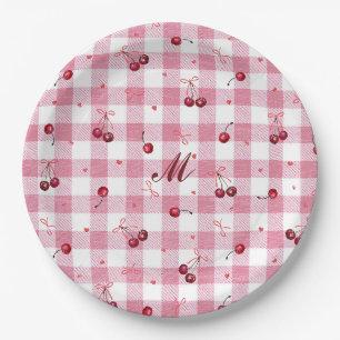 Mooie Meisjesachtige Strikken Kersen Roze Gingham Papieren Bordje