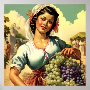 Mooie Mexicaanse kalender meisje in druivenoogst Poster