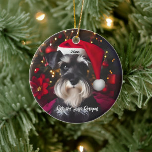 Mooie Miniatuur Schnauzer met Kerstmannenhoed Keramisch Ornament