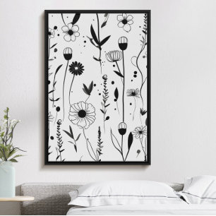 Mooie minimalistische zwarte inkt bloementuin poster