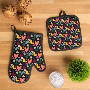 Mooie Mintgroene Roze Blauwe Hartjes Kunst Patroon Ovenwant & Pannenlap Set