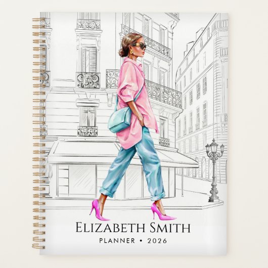 Mooie mode vrouw loopt planner (Voorkant)