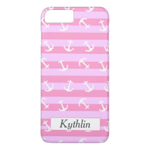 Mooie monogram roze strepen witte ankerpatroon iPhone 8 plus / 7 plus hoesje