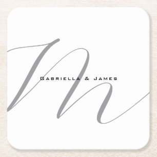 Mooie monogram zwart wit grijs kalligrafie vierkante kartonnen onderzetter