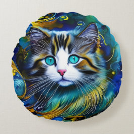 Mooie mystieke kat in blauwe en rode tinten rond kussen