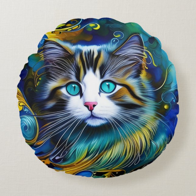 Mooie mystieke kat in blauwe en rode tinten rond kussen (Voorkant)