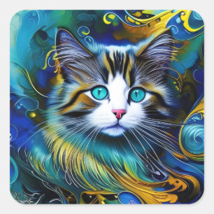 Mooie mystieke kat in blauwe en rode tinten vierkante sticker