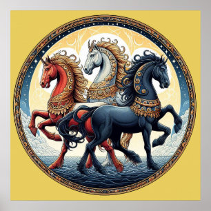 Mooie Mystieke Rode, Witte en Blauwe Paarden 7 Poster