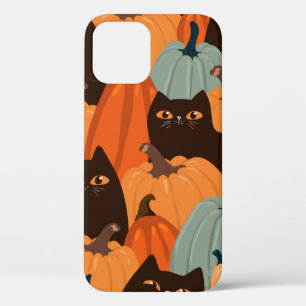 Mooie naadloos patroon met zwarte katten en pompoe iPhone 12 hoesje