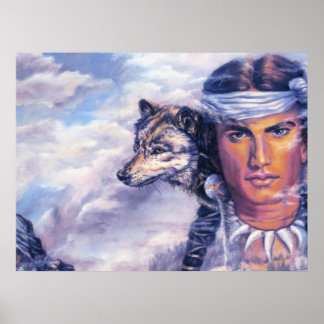 Mooie Native American met Wolf Poster