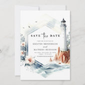 Mooie nautische elegantie vuurtoren bruiloft save the date (Voorkant)