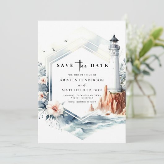 Mooie nautische elegantie vuurtoren bruiloft save the date (Staand voorkant)