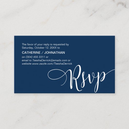 Mooie Navy Blue Script, RSVP reageren Informatiekaartje (Voorkant)