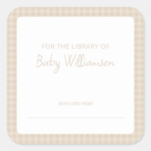 Mooie neutrale geruite gingham babyshower-boekplaa vierkante sticker