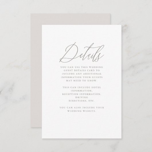 Mooie neutrale kalligrafie bruiloft gast detail informatiekaartje (Voorkant / Achterkant)