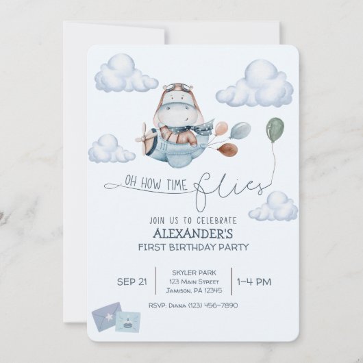 Mooie Nijlpaard, Vliegtuig & Wolken, Blauwe Eerste Kaart (Voorkant)