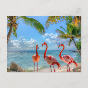 Mooie Oceaan Roze Flamingo's Palmbomen Zand Briefkaart