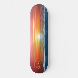 Mooie oceaan zonsopgang en kalligrafie skateboard