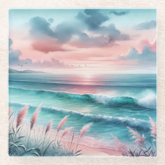 Mooie Ocean Scene in Roze en Blauw Glazen Onderzetter (Voorkant)