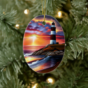 Mooie Ocean Sunset en Vuurtoren gepersonaliseerd Keramisch Ornament