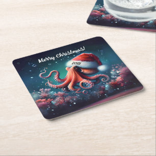 Mooie Octopus in Santa Hat Vierkante Kartonnen Onderzetter