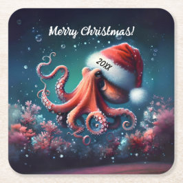 Mooie Octopus in Santa Hat Vierkante Kartonnen Onderzetter