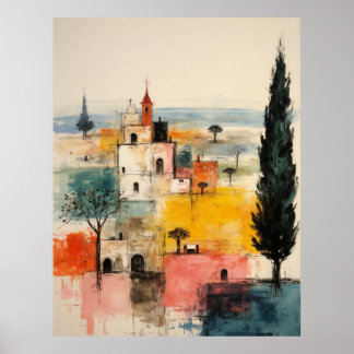 Mooie Oker Rode oude kleine dorpsschildering Poster