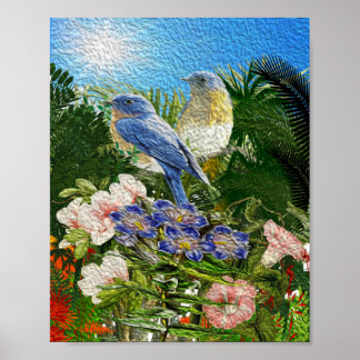 Mooie olieverf 2 vogels tussen bloemen poster