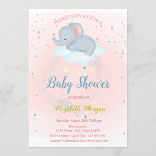 Mooie olifant, Wolk, Sterren Baby Shower Uitnodigi Kaart