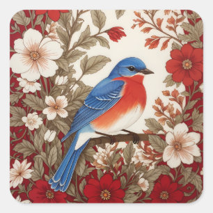 Mooie oostelijke blauwe vogel rode bloem vierkante sticker