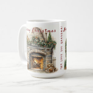 Mooie open haard Kerstkaarsen Hulstkrans Koffiemok