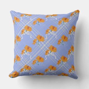 Mooie oranje bloem naadloos op geruit blauw kussen