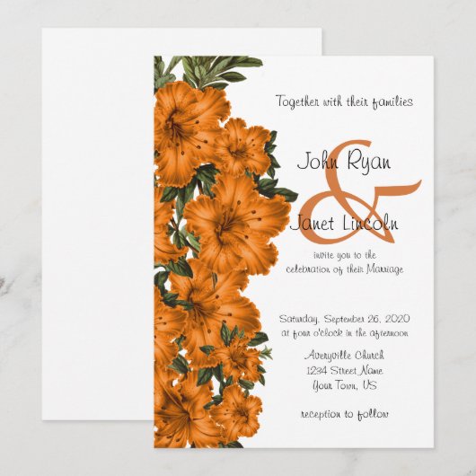 Mooie Oranje Lily Flower Wedding Invitations Kaart (Voorkant / Achterkant)