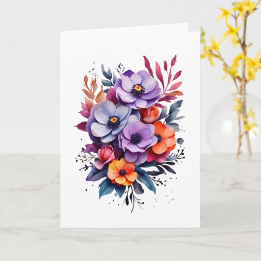 Mooie Oranje Paarse Blauwe Bloemen Blanco Kaart (Gele Bloem)