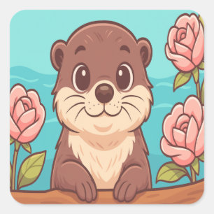 Mooie Otter Cartoon met Rozen en Water Scene Vierkante Sticker