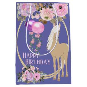Mooie Paard en Bloemen Roze Periwinkle Verjaardag Medium Cadeauzakje