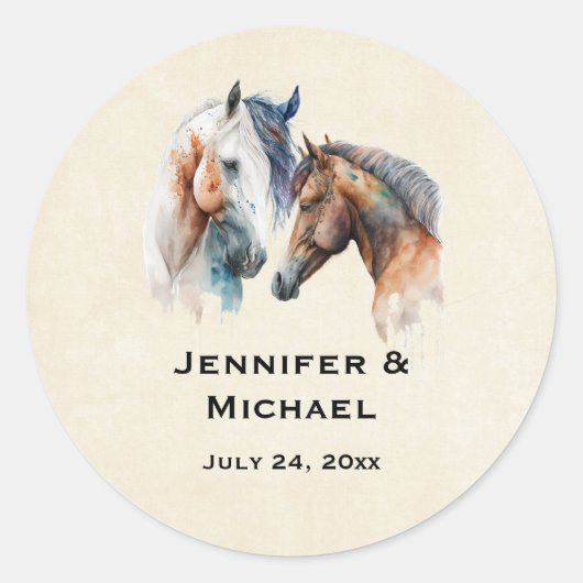 Mooie Paarden Western Boho Stijl Bruiloft Datum Ronde Sticker (Voorkant)