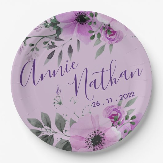 Mooie Paarse Bloemige Cute Romantische Trouwfeest Papieren Bordje (Voorkant)