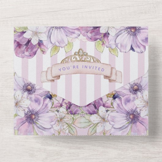 Mooie Paarse bloemprinses Eerste Verjaardag All In One Uitnodiging (Achterkant)