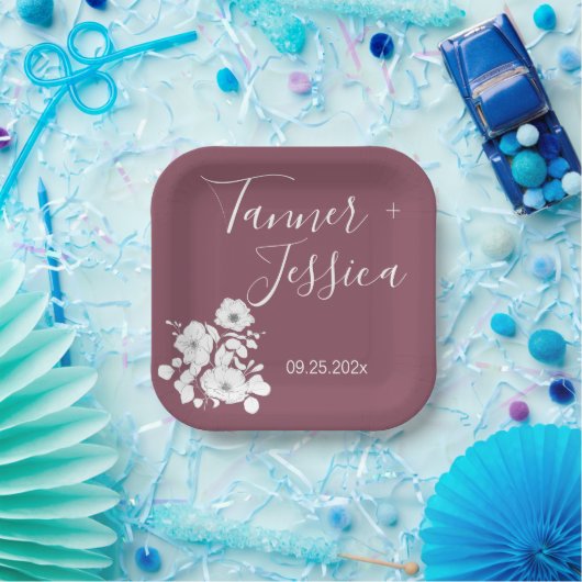 Mooie paarse en witte bloemige bruiloft papieren bordje (Feest)