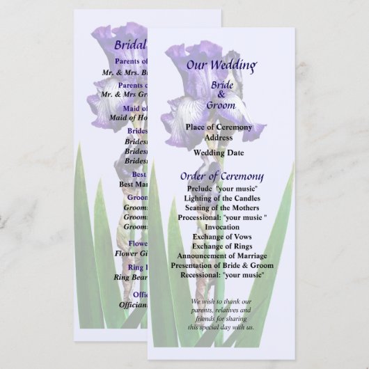 Mooie Paarse Iris Bruiloftsprogramma Programma (Voorkant / Achterkant)
