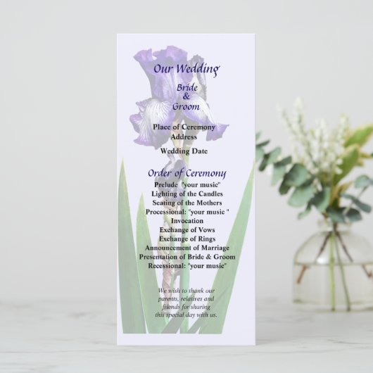 Mooie Paarse Iris Bruiloftsprogramma Programma (Staand voorkant)