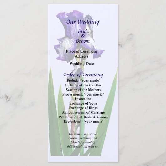 Mooie Paarse Iris Bruiloftsprogramma Programma (Voorkant)